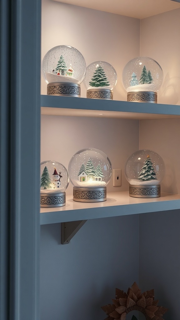 A collection of snow globes featuring winter scenes, including trees and a snowman, displayed on a shelf.