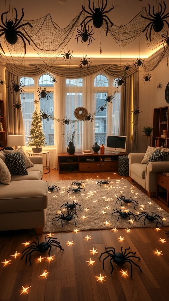 A Halloween-themed living room decorated with faux spiders and star-shaped lights.