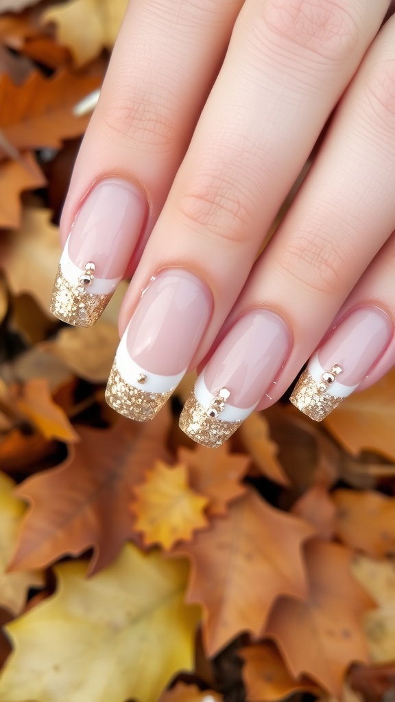 Close-up of a hand with French tip nails featuring glitter accents, set against a backdrop of autumn leaves.