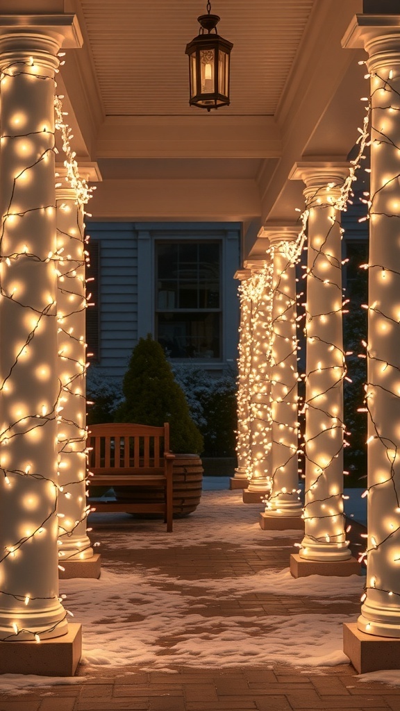 A front porch decorated with warm fairy lights wrapped around white columns, creating a cozy atmosphere.