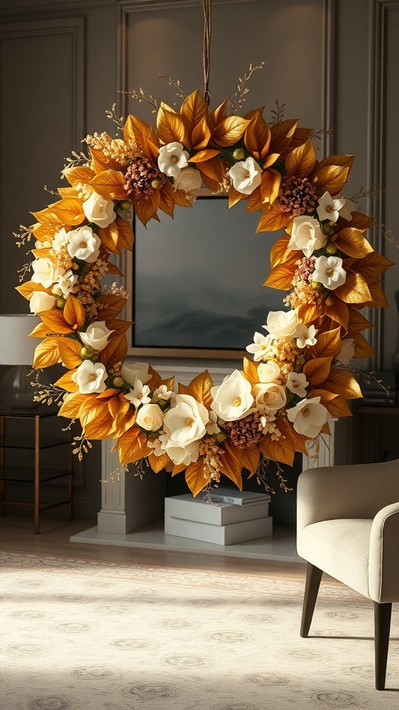 A winter wreath featuring gold leaves and cream flowers, hanging in a cozy room.