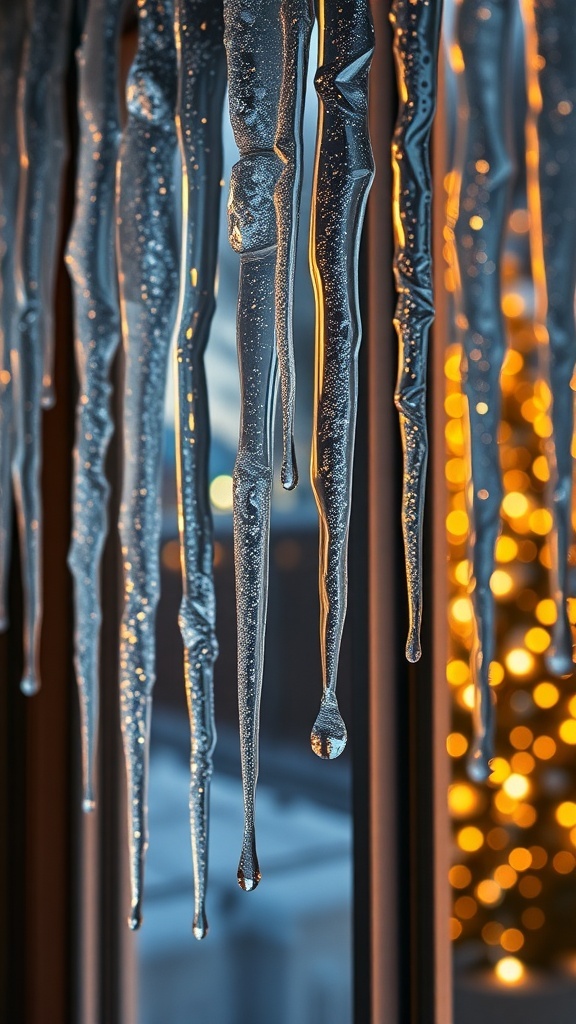 Close-up of glittering icicle garlands hanging with warm lights in the background.