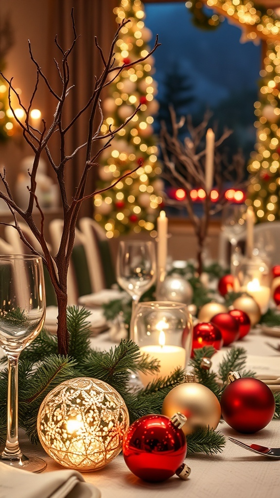 A beautifully decorated winter table featuring glittering ornaments, candles, and greenery.
