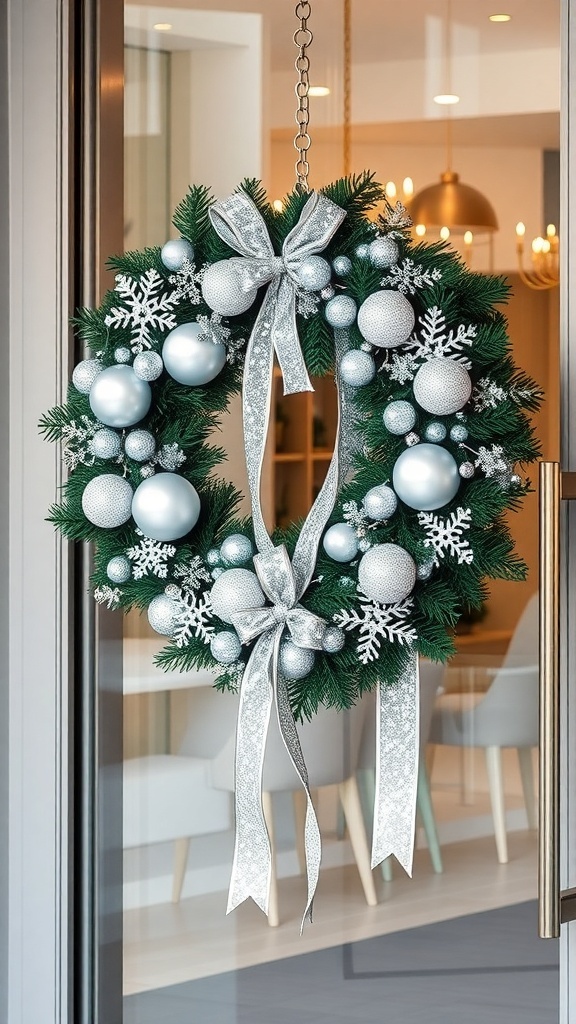 A winter wreath with silver and blue ornaments, featuring snowflakes and a ribbon.