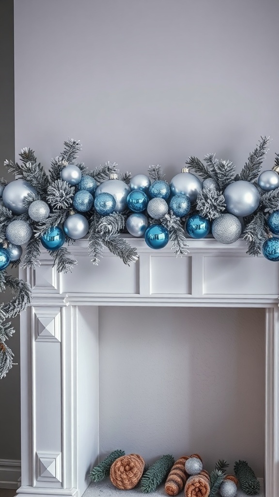 A beautifully decorated fireplace mantel with silver and blue ornaments.