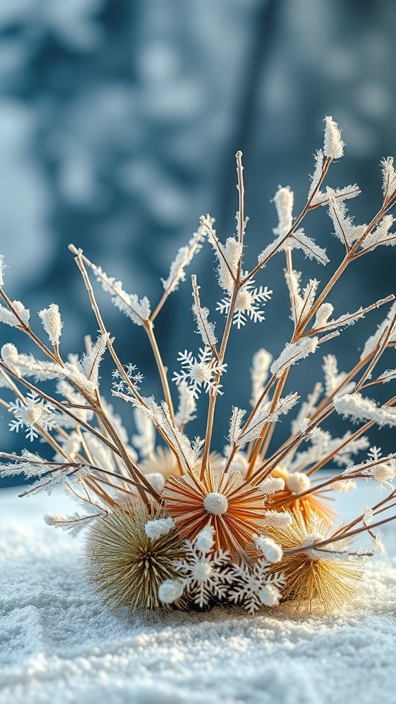 A winter centerpiece featuring delicate branches and snowflake accents.