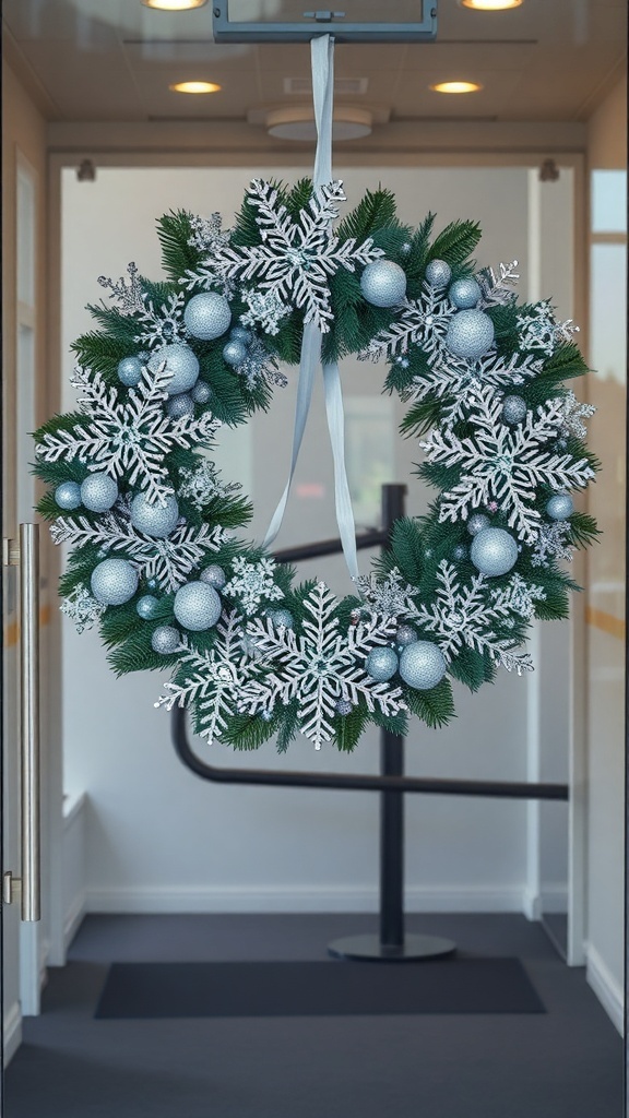 A winter wreath featuring glittering snowflakes and blue ornaments, hanging on a front door.
