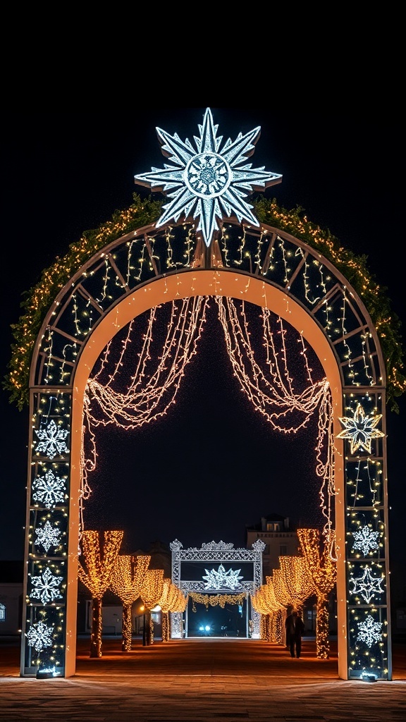 Indoor Christmas archway decorated with a glittering star motif and lights