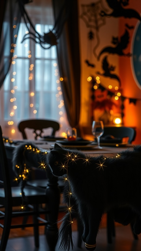 A cozy room decorated for Halloween with a glittery black cat garland and fairy lights.