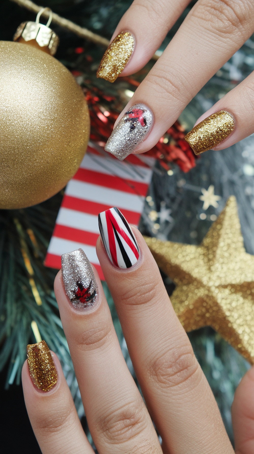 Glittery New Year's Eve nails with gold and silver designs, featuring festive elements.