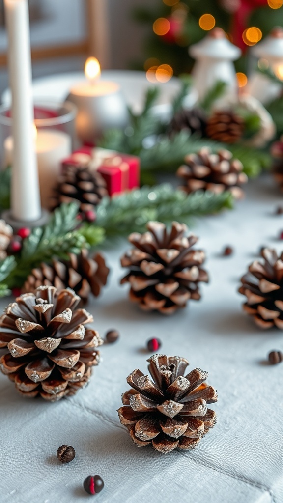 A table decorated with glittery pinecones, candles, and holiday greenery.