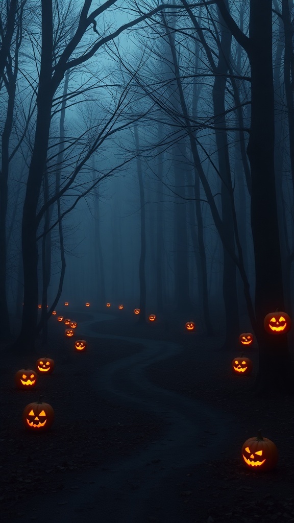 A winding forest path illuminated by glowing jack-o'-lanterns in a misty atmosphere.
