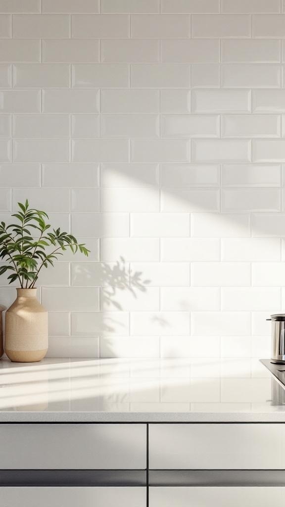 Glossy white ceramic tile backsplash in a modern kitchen with a plant and countertop.