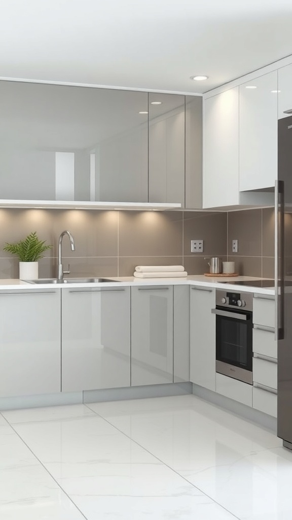 Modern kitchen with glossy tiles and sleek cabinetry