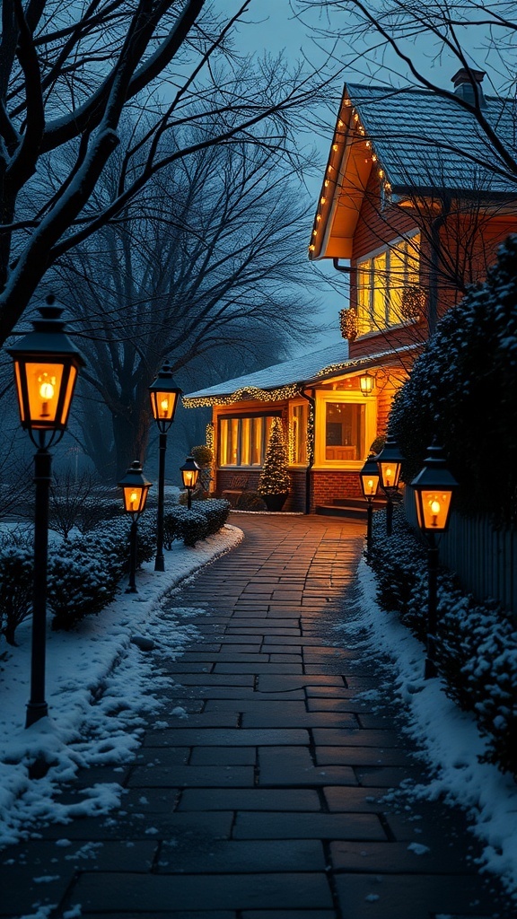 A snowy pathway lined with glowing lanterns leading to a warmly lit house decorated for Christmas.