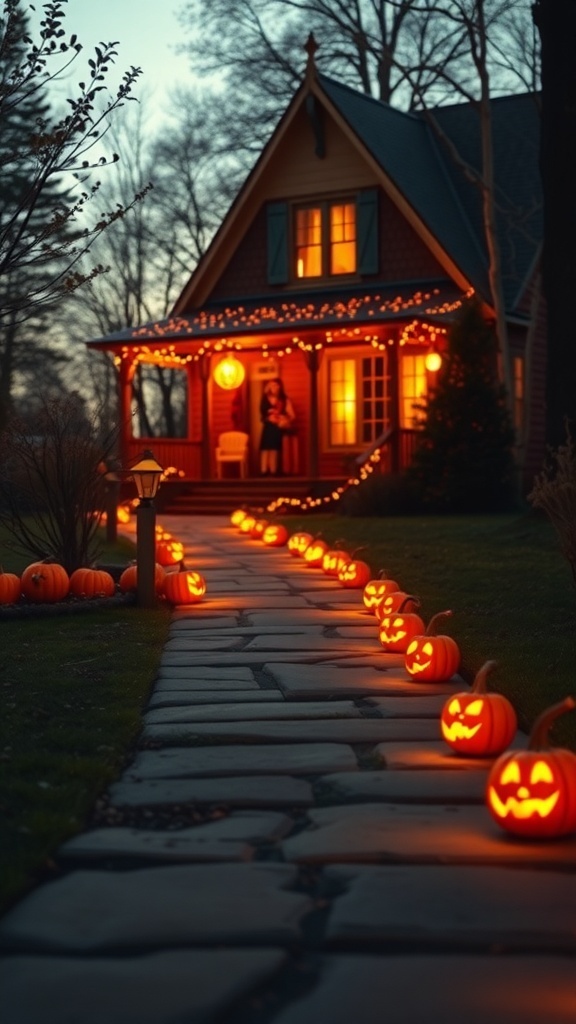 A pathway lined with glowing carved pumpkins leading to a warmly lit house decorated for Halloween.