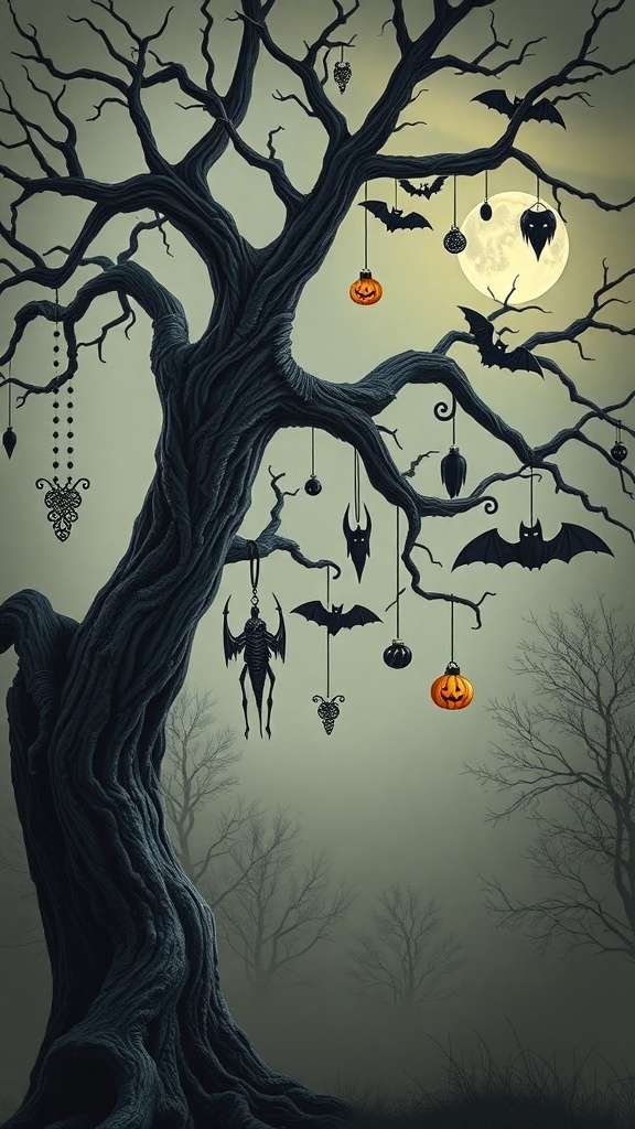 A gnarled tree decorated with Halloween ornaments like bats and pumpkins, under a full moon.
