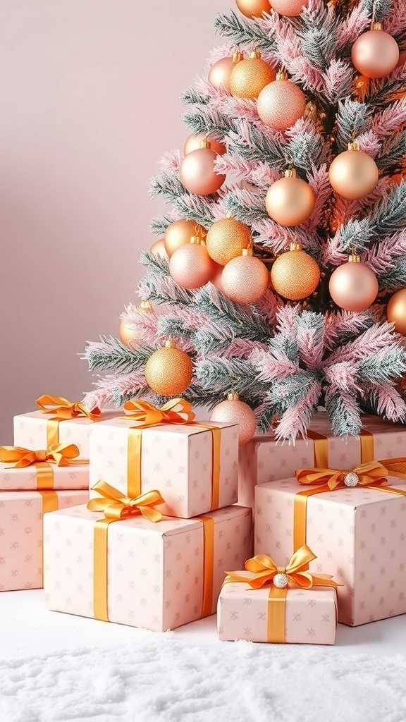 Pink and gold Christmas tree with beautifully wrapped gifts