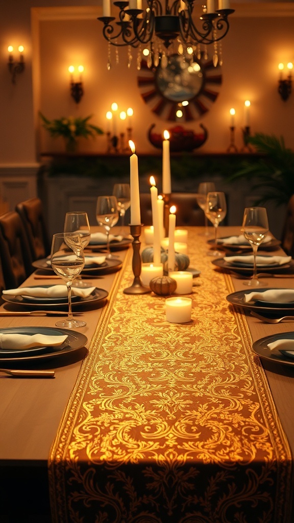 A beautifully set dining table featuring a gold accented table runner, candles, and elegant tableware.