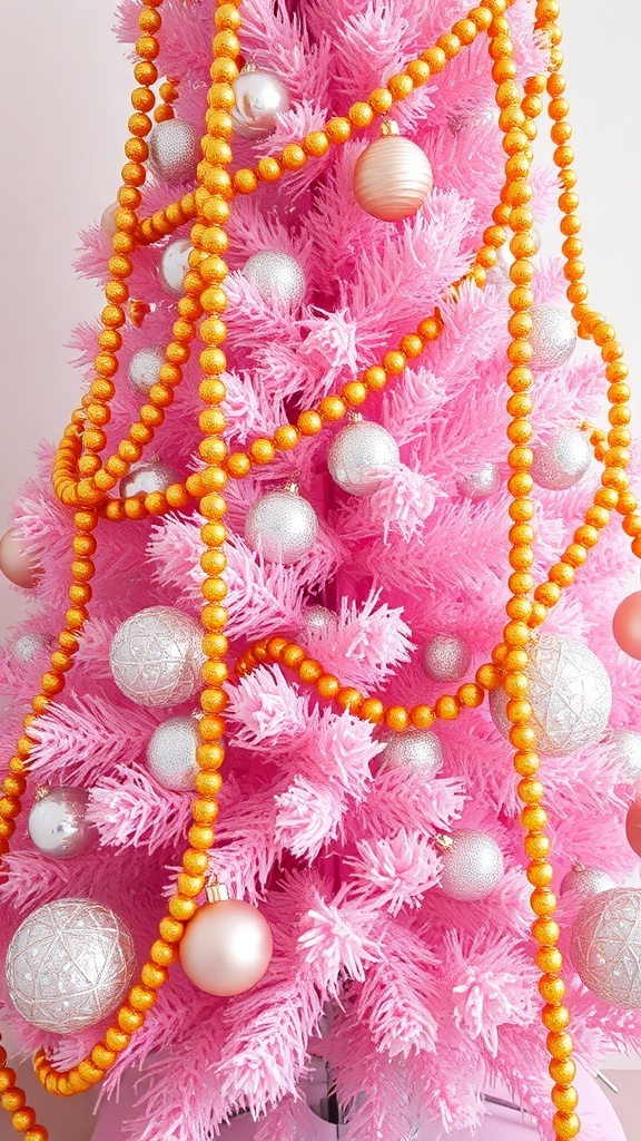 A pink Christmas tree adorned with gold beaded garlands and ornaments.