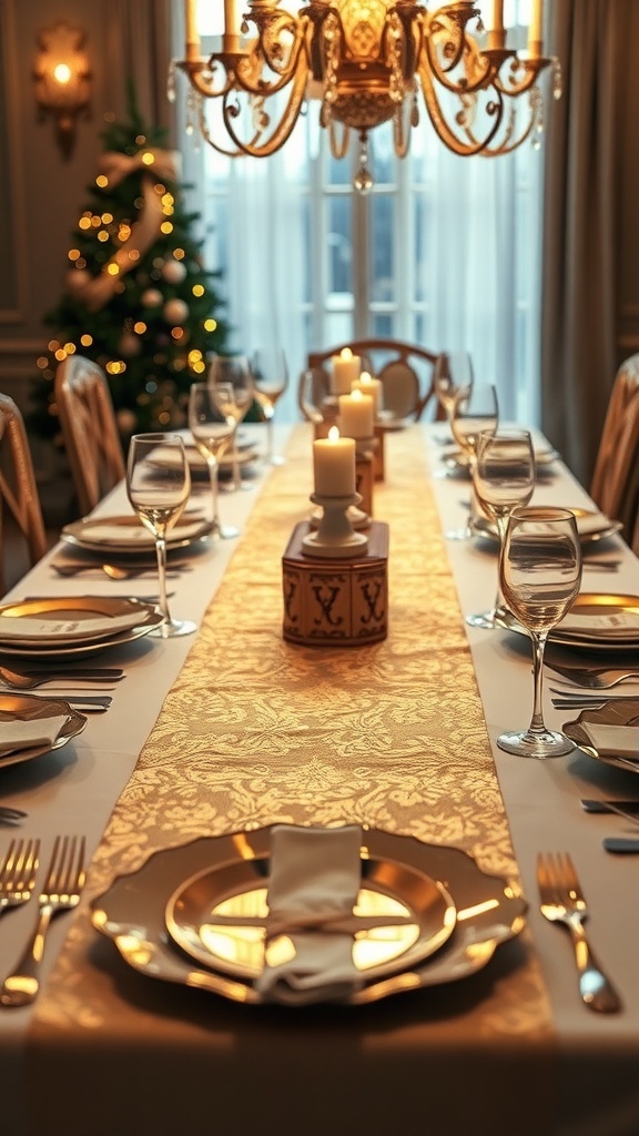 A beautifully set Thanksgiving table featuring a gold foil accented runner, elegant plates, and candles.