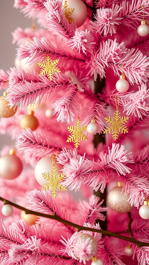 A pink Christmas tree adorned with gold glittered snowflakes and ornaments.