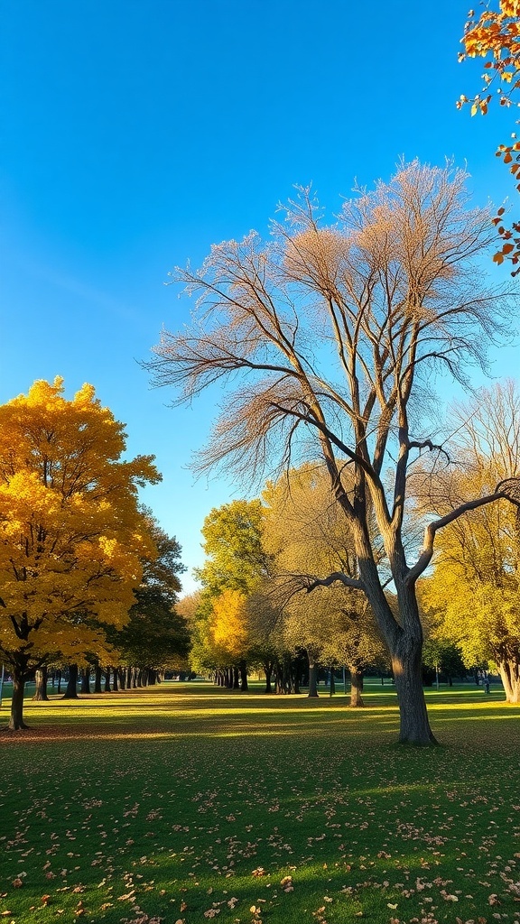 A park scene with golden autumn leaves on trees and a clear blue sky.