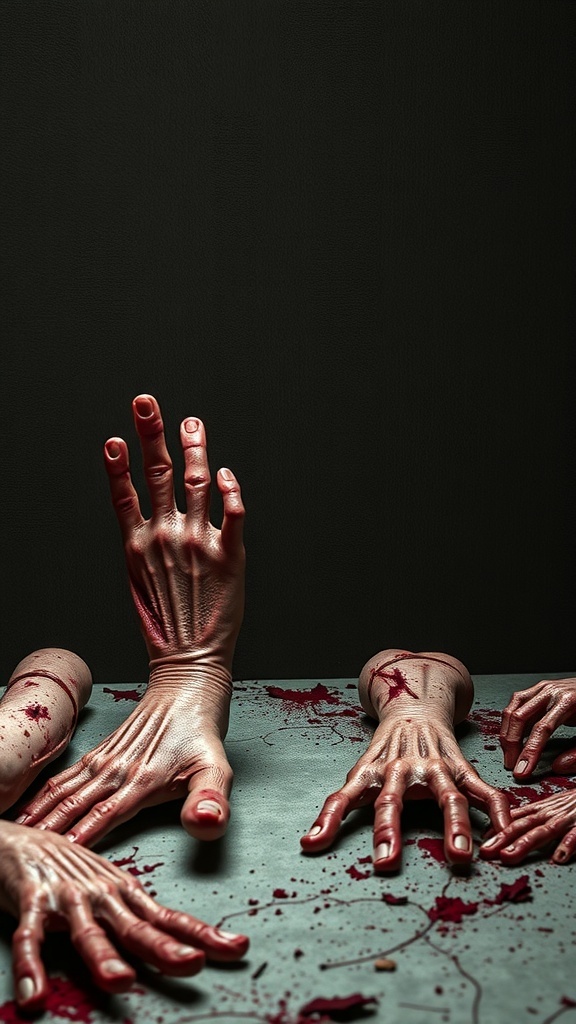 A collection of fake, bloodied hands reaching out from a table, creating a spooky Halloween decoration.
