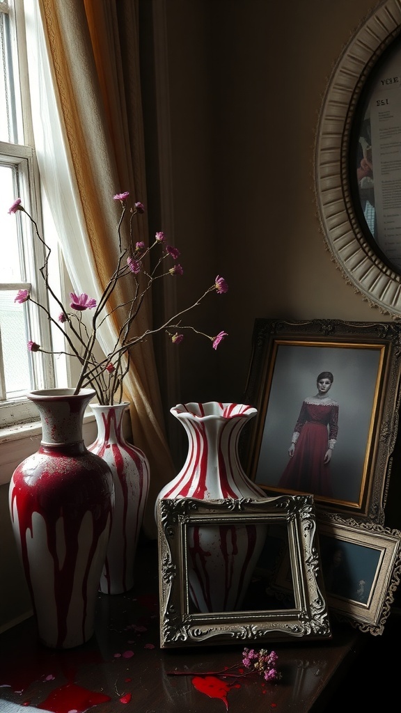 Decorative vases with faux blood accents and a vintage photo frame