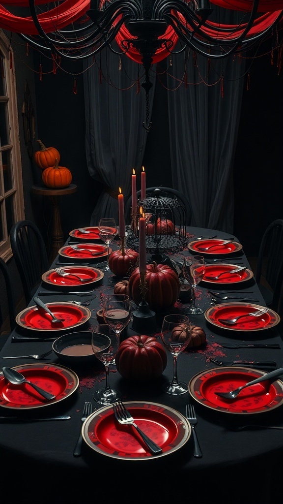 A spooky Halloween table setting with red plates, black decor, pumpkins, and candles.