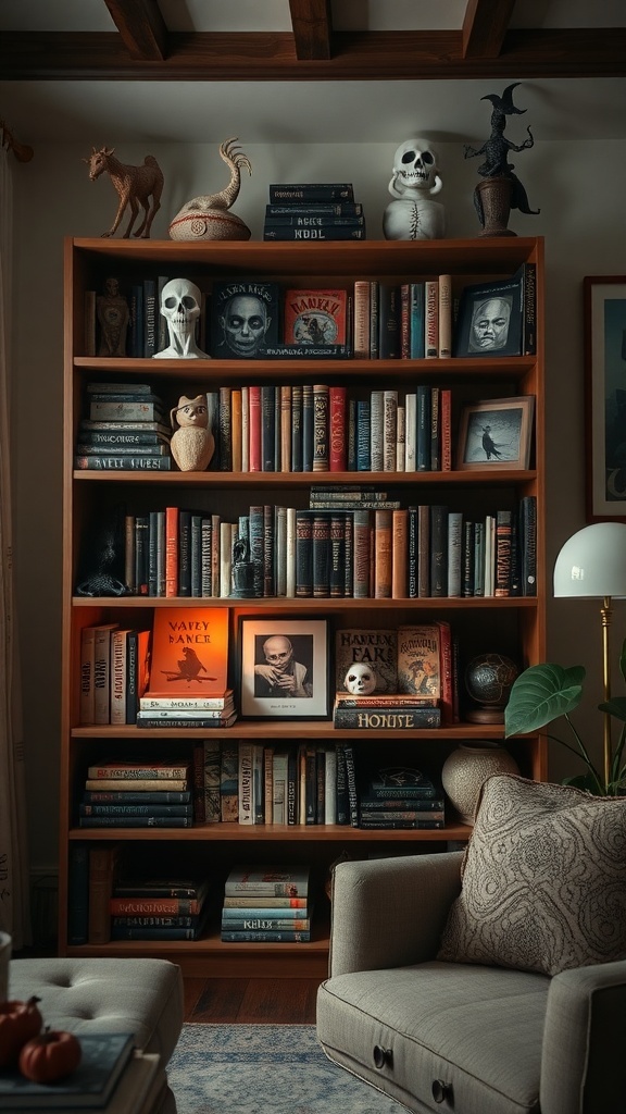 A gory themed bookshelf decorated for Halloween with skulls, eerie books, and spooky figurines.