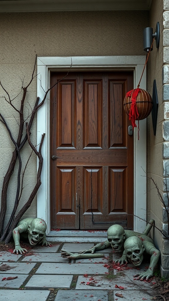 A spooky Halloween door decor featuring crawling zombie figures and a wooden door.