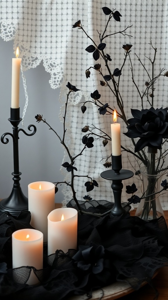 A gothic-inspired Halloween decor featuring black candles, dark flowers, and branches against a white backdrop.