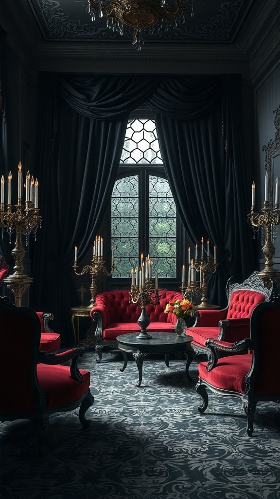 A gothic-inspired room with red chairs, dark curtains, and candelabras, creating a spooky atmosphere.
