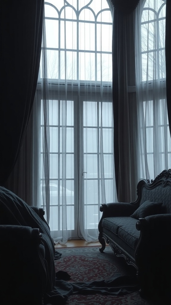 Gothic-inspired fabric drapery in a dimly lit room with large windows