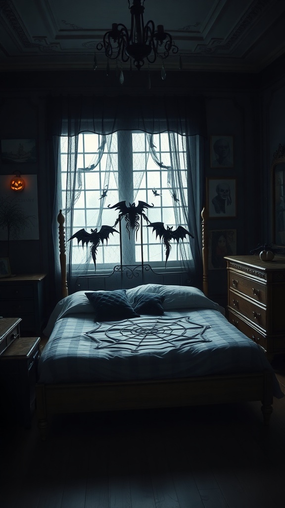 A gothic-inspired bedroom with a bed featuring a spiderweb design, bat decorations on curtains, and dark wood furniture.