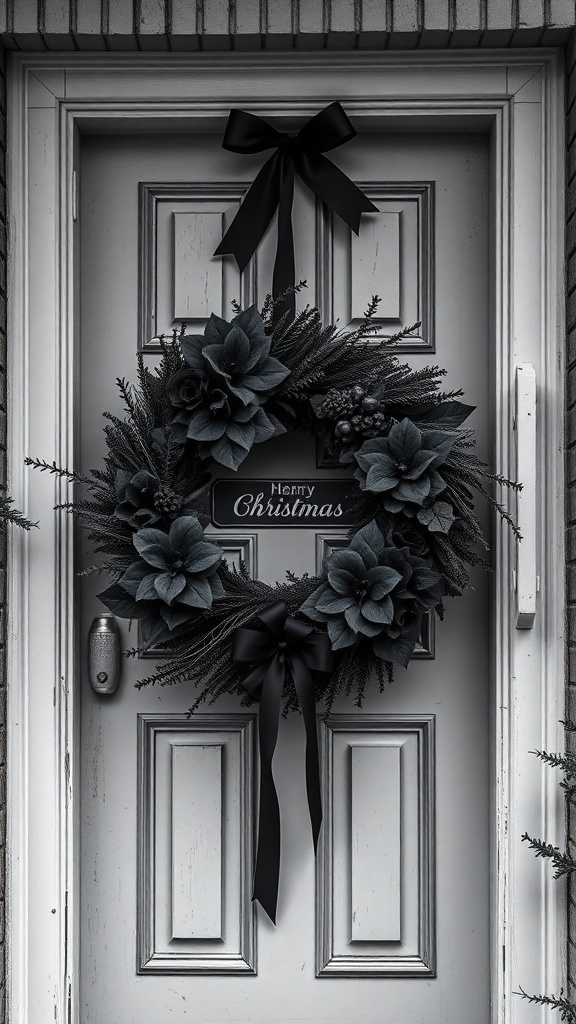 A gothic-inspired black Christmas wreath with dark flowers and a bow on a door.