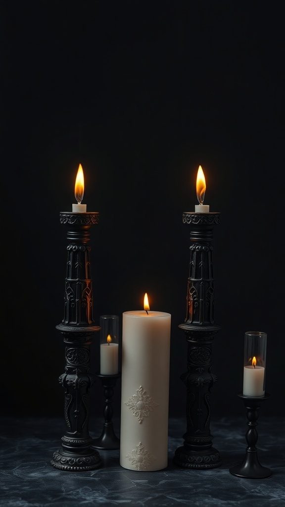 A display of gothic black candles with ornate candlesticks, featuring flickering flames against a dark background.