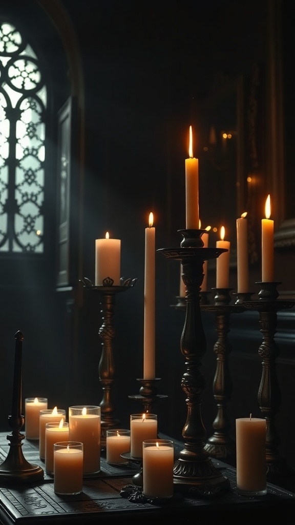 A gothic candle display with various candles in a dimly lit room, featuring tall candlesticks and glass candles.