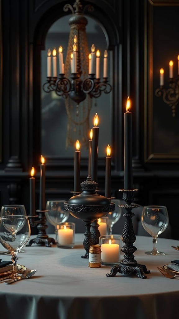 A gothic candle display featuring black candlesticks and a chandelier, creating a spooky atmosphere.