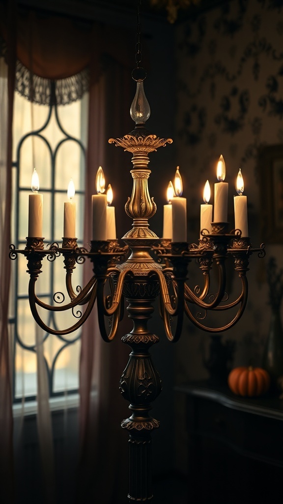A gothic candelabra with lit candles, casting warm light in a vintage setting.
