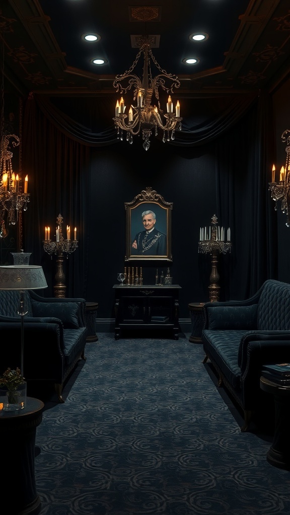 A gothic glam room featuring dark fabrics, crystal accents, and a vintage portrait.