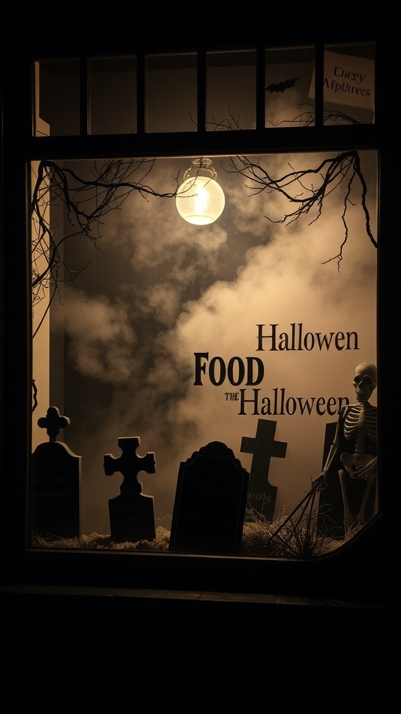 Halloween window display featuring a gothic graveyard scene with gravestones, a skeleton, and misty background.