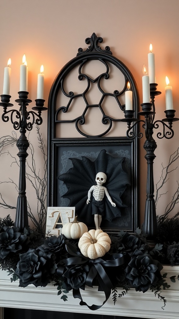 A Gothic inspired Halloween mantle featuring a skeleton, black candelabras, white pumpkins, and dark flowers.