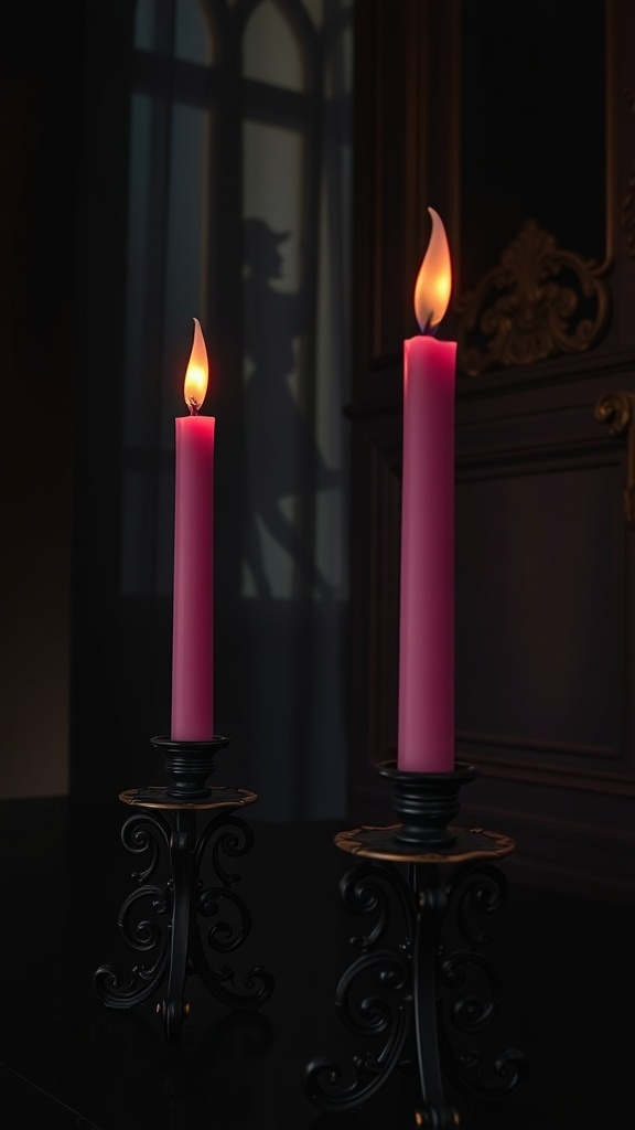 Two gothic pink candles in black holders with flickering flames, casting shadows on a wall.