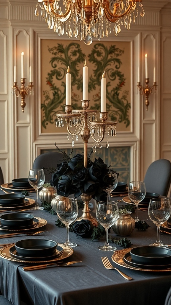 A gothic-themed dining table with black roses, gold accents, and elegant tableware.