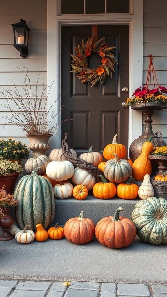 A front door decorated with various pumpkins and gourds, featuring a wreath and potted plants.