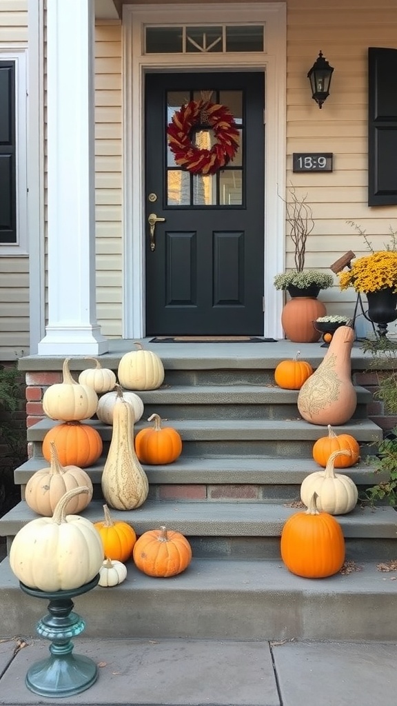 A front porch decorated with various gourds and pumpkins on the steps, showcasing fall decor.