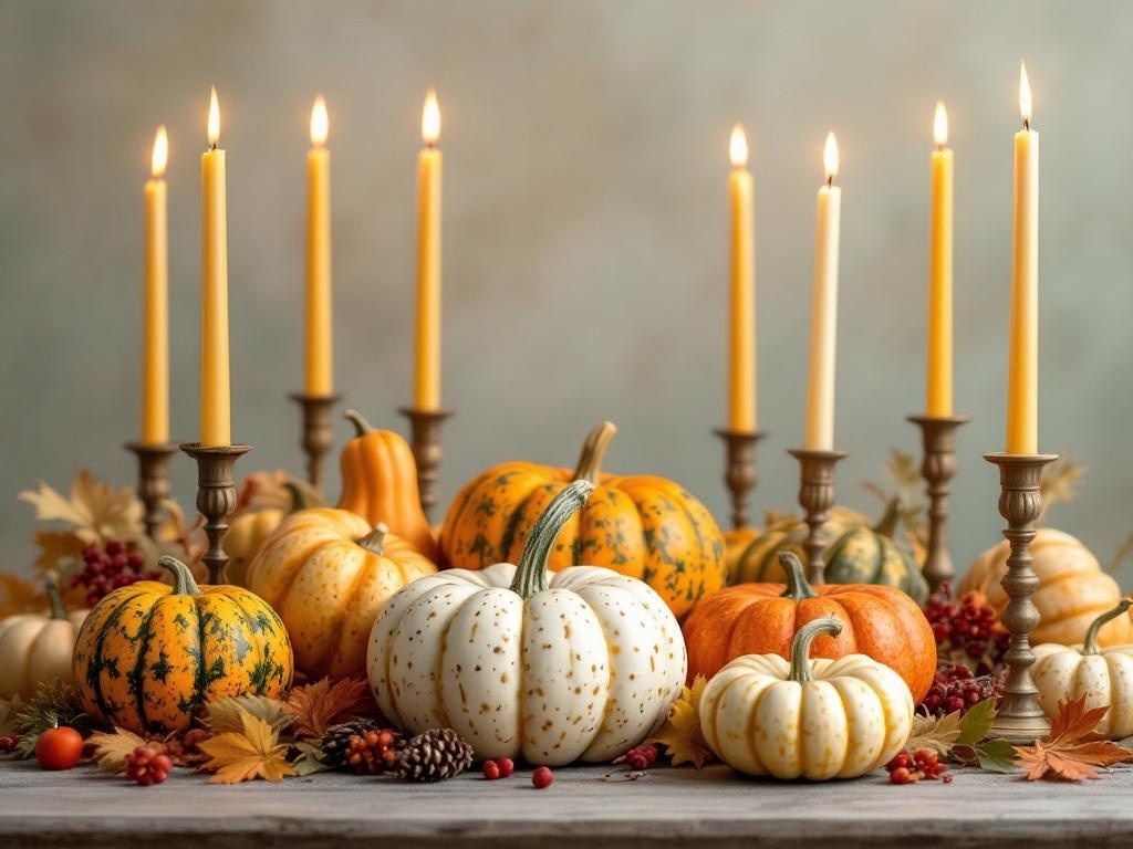 A Thanksgiving table centerpiece featuring a cluster of colorful gourds and tall candles.
