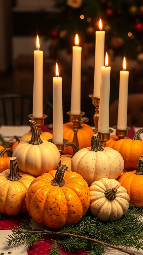 A cluster of pumpkins and white candles arranged on a table, creating a warm fall centerpiece.